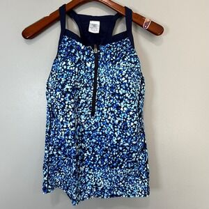 Lands End Womens 20W Blue Pebble Print Zip Front Racerback Tankini Swim Top